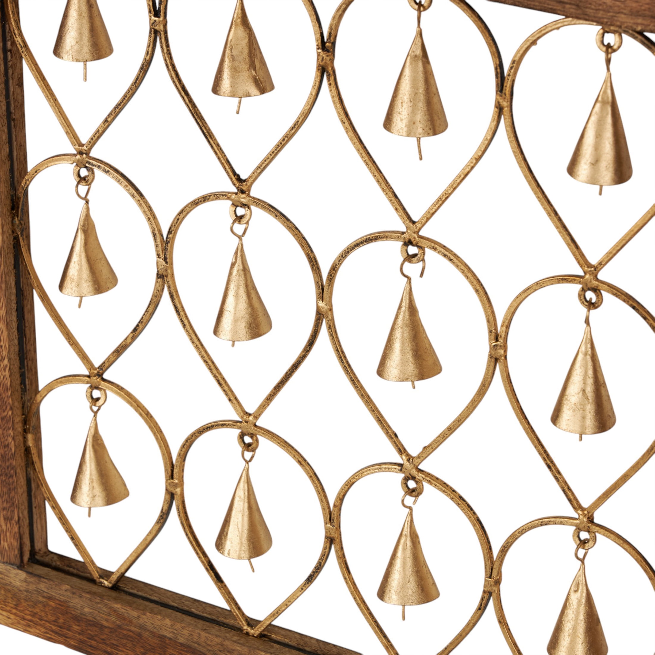 DecMode Wood Farmhouse Hanging Brown Decorative Bells in a  Square Frame with Tanished Brass Finish,  Set of 2 16"W x 16"H