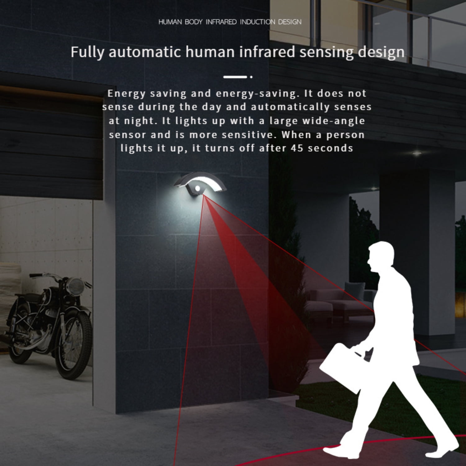 Waterproof LED outdoor wall light with motion sensor, dusk-to-dawn, for porch/garden/pathway, modern black/white design
