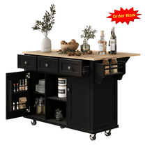 Tcbosik Kitchen Island with Drop Leaf Top on Wheels, Rolling Island Cart with Adjustable Shelf, 2 Doors and 3 Drawers, Mobile Storage Cabinet with Towel Holder and Spice Rack, Black