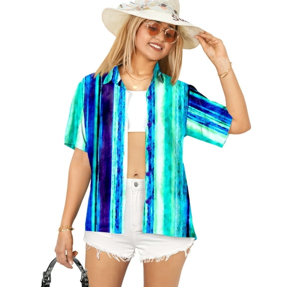 LA LEELA Button Down Shirt for Women Casual Holiday Summer Beach Party Blouse Shirt Open Front Blouses Short Sleeve Dress Tee Shirts Hawaiian Dresses for Women S Stripe, Blue