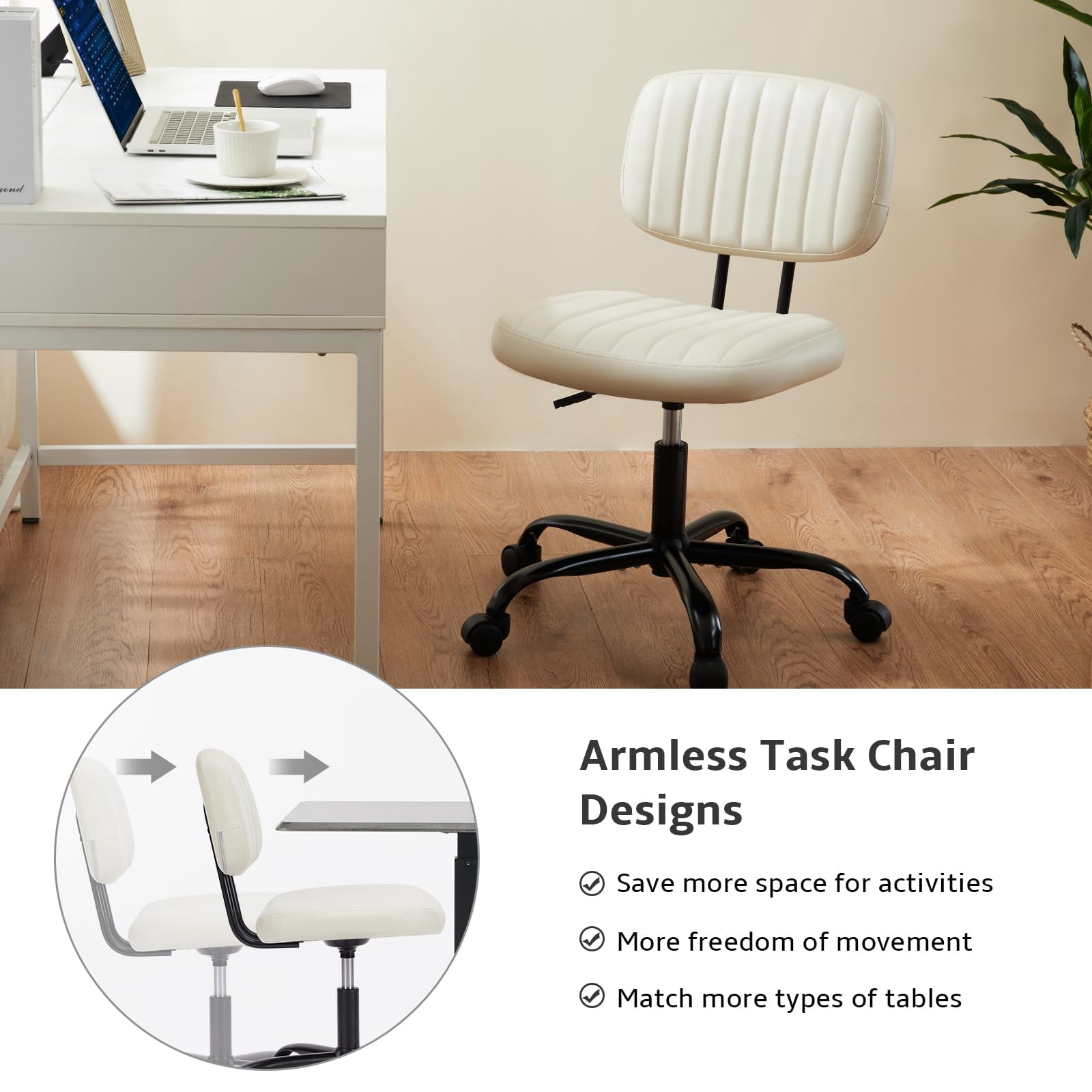 edx Adjustable Height Armless Office Desk Chair with Wheels, PU Leather Mid Back 360°Swivel Small Computer Chair, Modern Task Chair for Home Office Reading Meeting Room, White