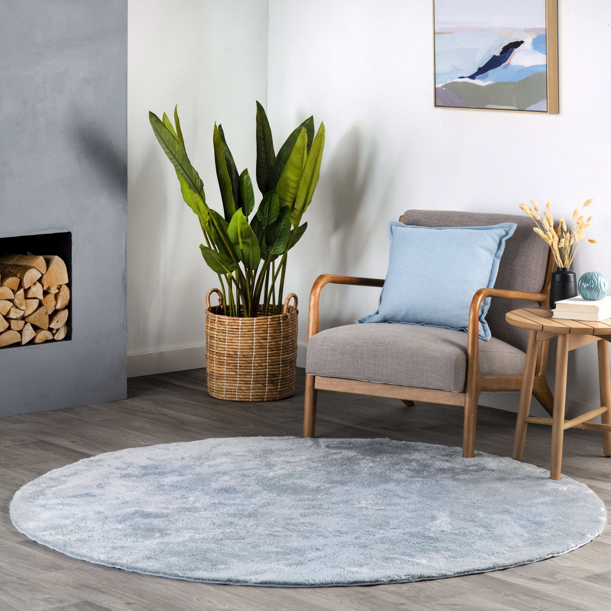 Light Blue Solid Shag Washable Round Synthetic Rug