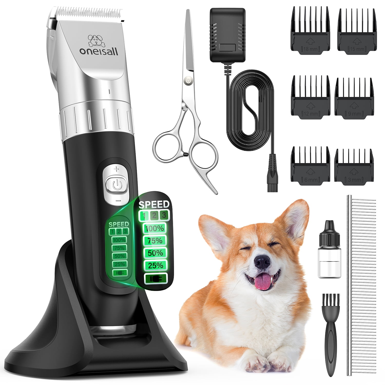 Oneisall A11 3 Speed Quiet Dog Clippers for Grooming, Cordless 2000mAh