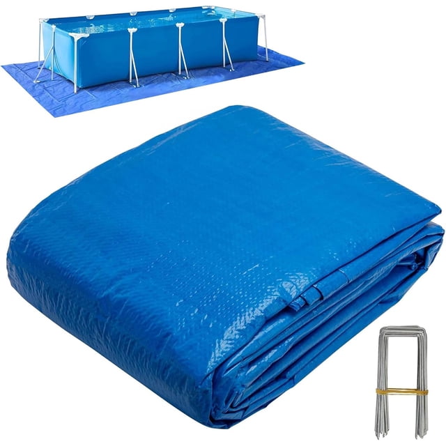 24 x 12 Ft Rectangular Pool Ground Cloths, Waterproof PE Swimming Pool Liner Pad, Heavy Duty Above Ground Pool Mat Protector Tarp with Stakes for Pools Bottom Prevents Punctures
