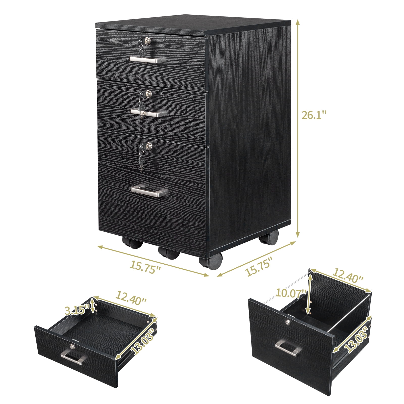 Xilee Black File Cabinet, Modern Design Filing Cabinets for Home Office, Drawers for Under Desk, Locking 3 Drawer Rolling Wood File Cabinet with Lock, by Crafts and Comfort