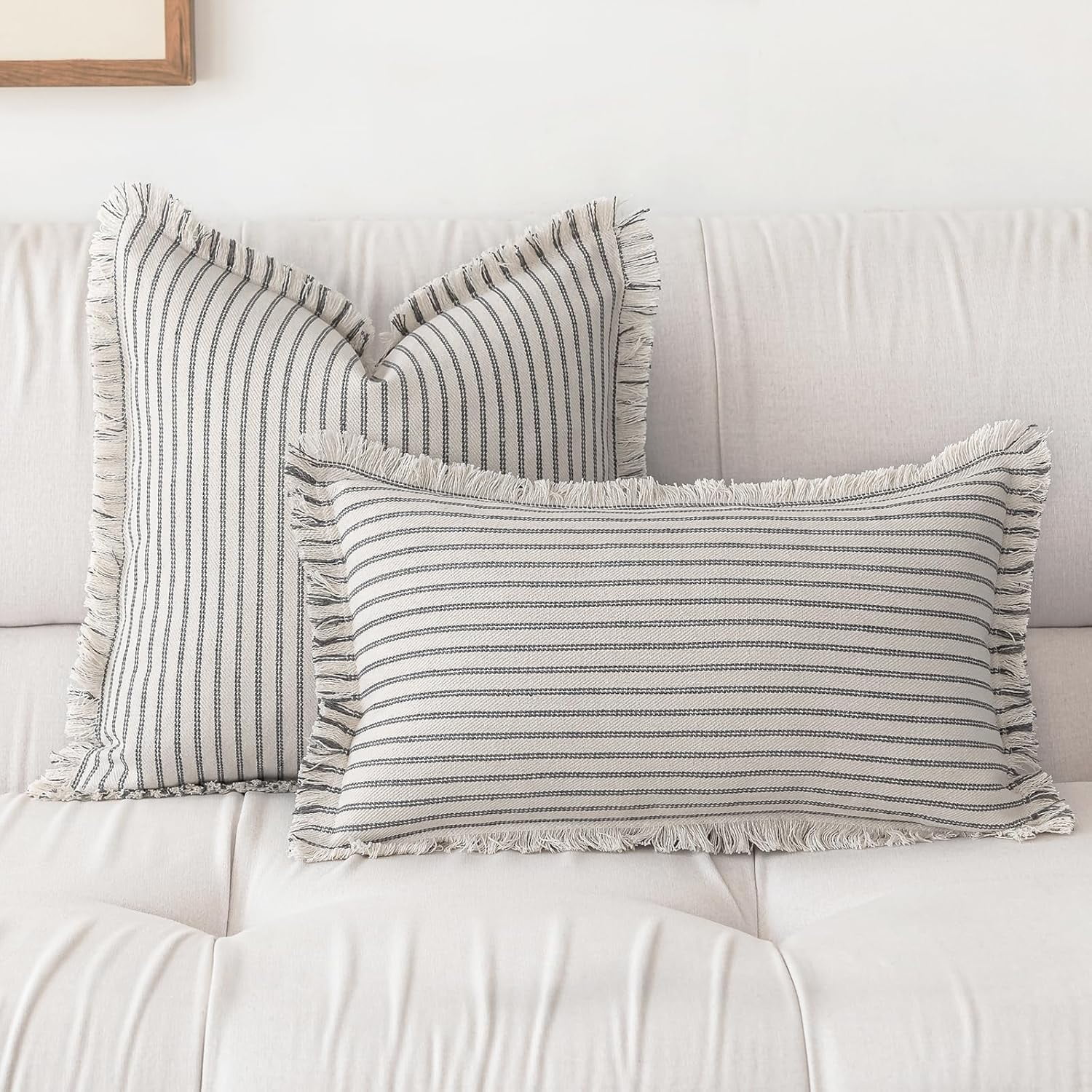 Lanola Throw Pillow Covers 22x22 Set of 2 Striped Fringe Pillow Cover Farmhouse Cushion Covers with Tassel Neutral Boho Pillows Decorative Square Pillowcase for Couch Sofa Bed, Red