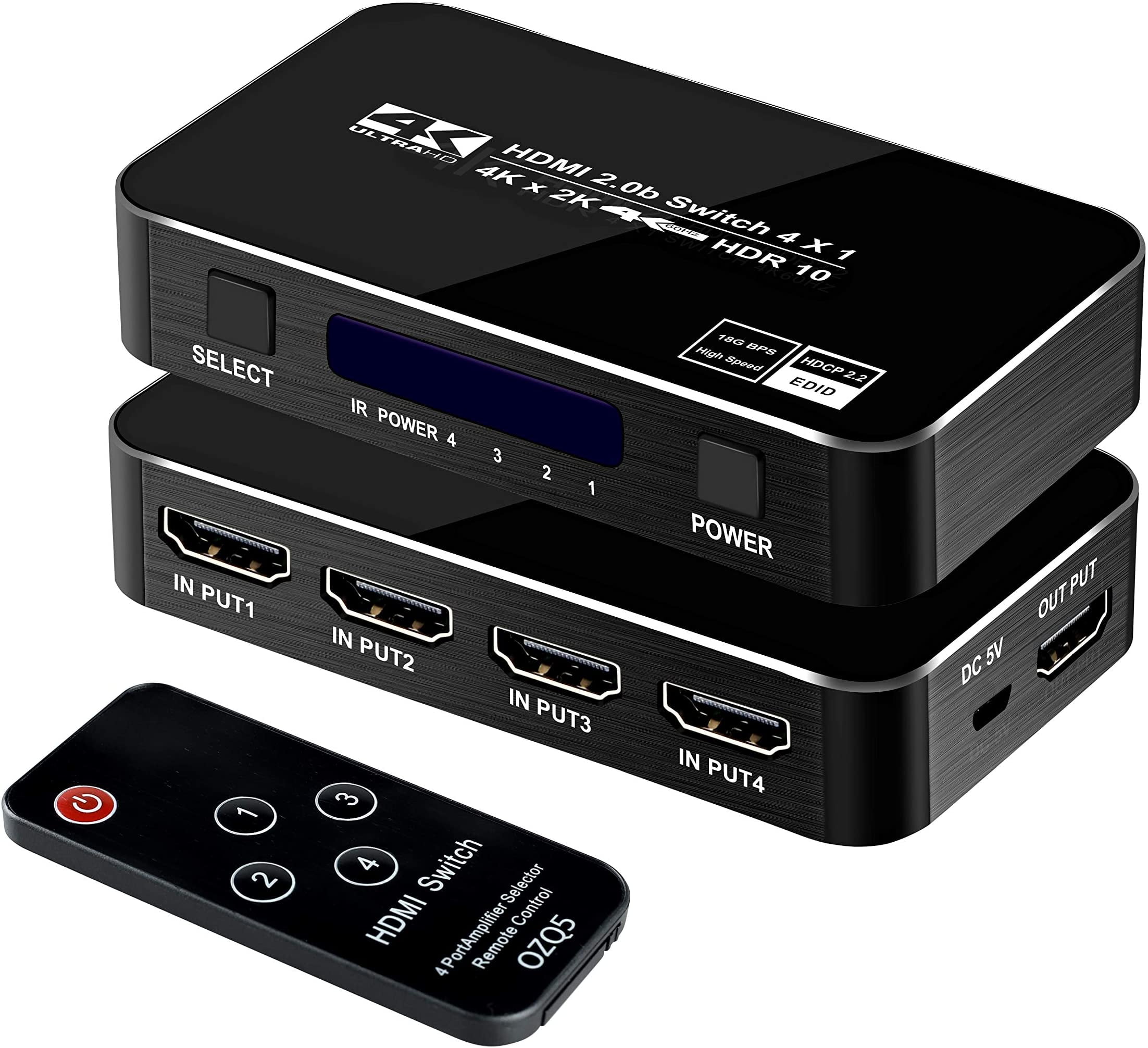 HDMI 2.0 Switch 4K 60Hz HDMI Switcher 4x1 BolAAzuL 4 Port HDMI Switch Box 4 in 1 Out HDMI Switcher with IR Remote Supports 3840X2160P 4K@60HZ HDCP 2.2 for TV Projector PC
