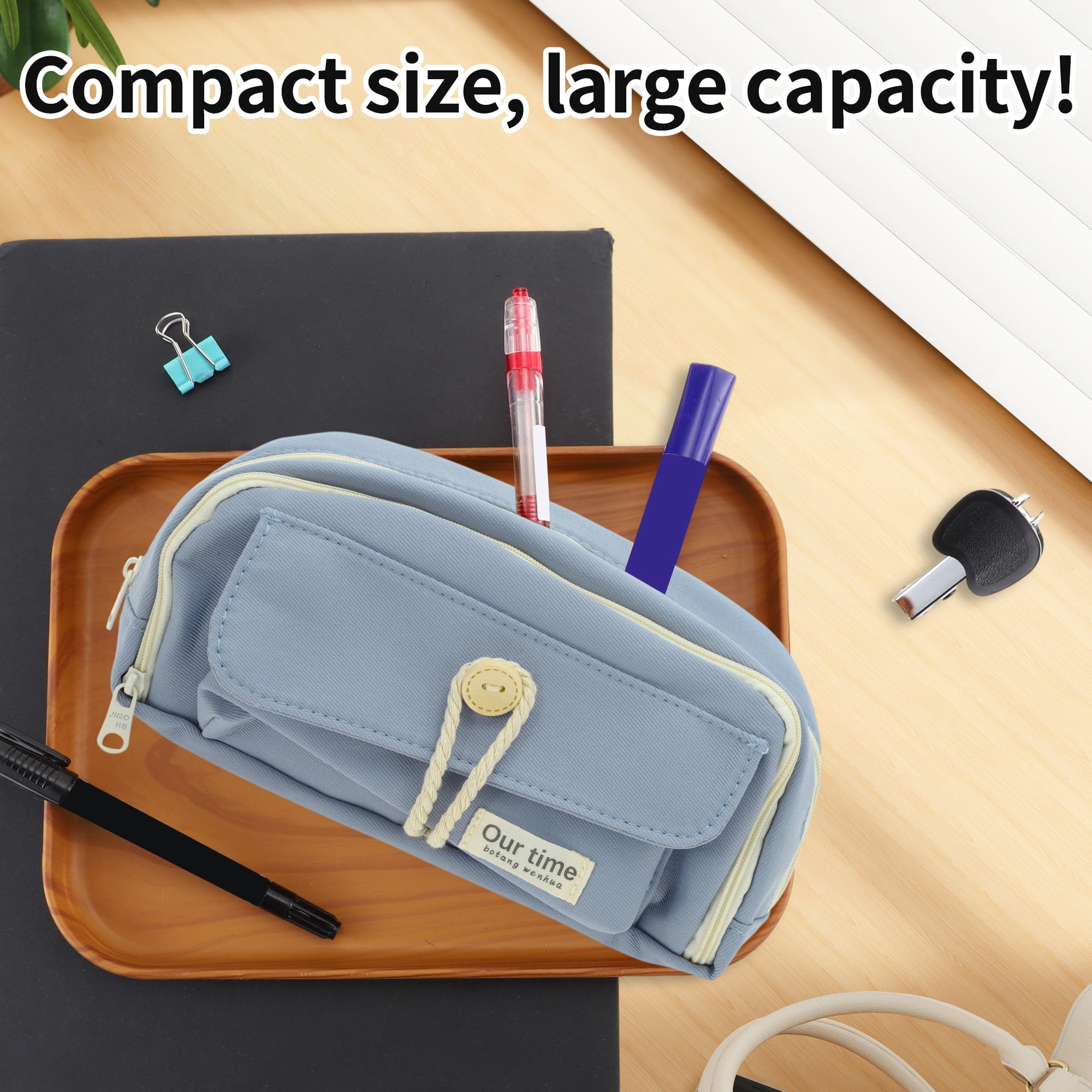 Unique Bargains Canvas Pencil Case, Large Capacity Pen Pouch, Aesthetic Organizer Blue