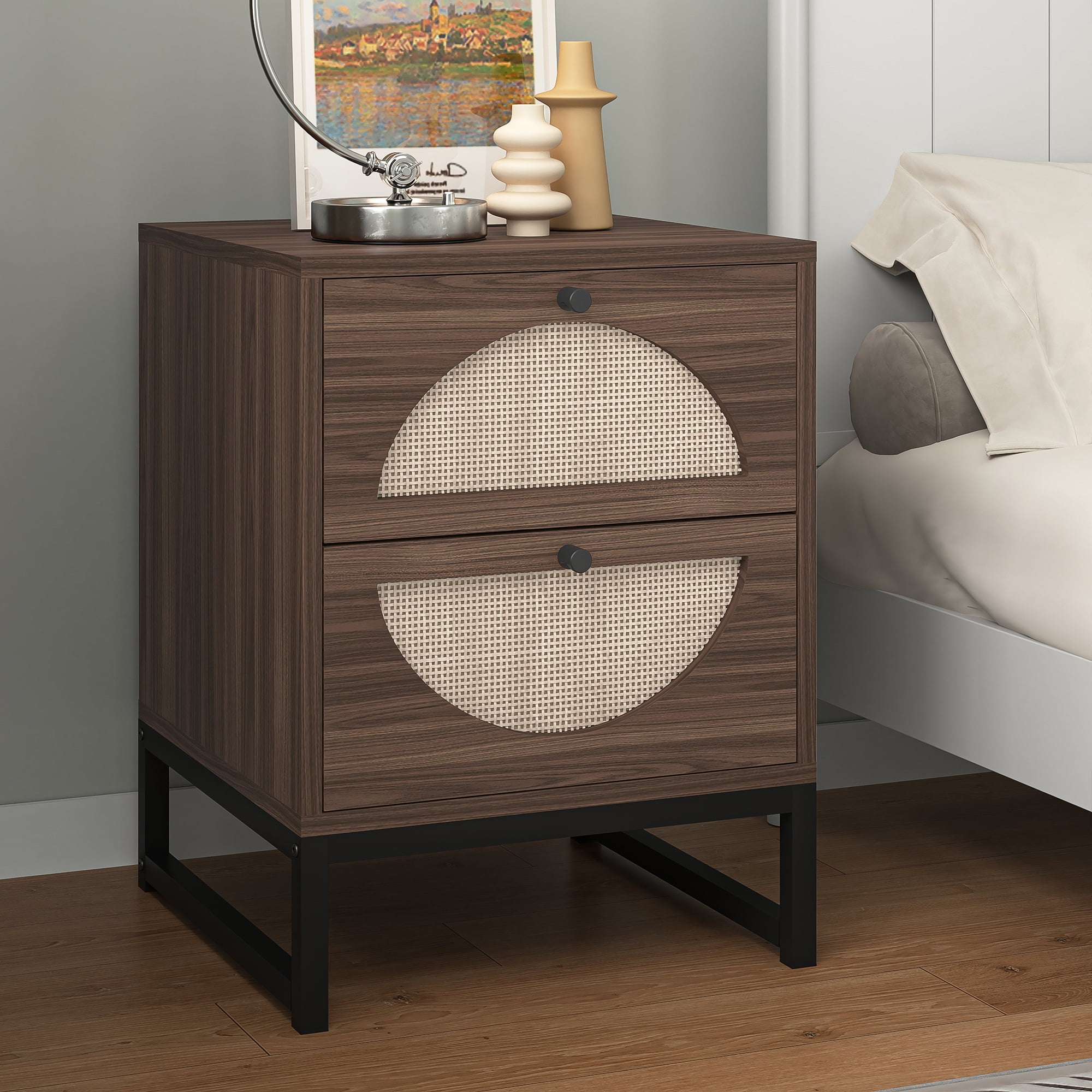 YYAo Bedside End Table with 2 Hand Made Rattan Decorated Storage Drawers, Nightstand Side Table for Bedroom and Living Room,Walnut YYAo Bedside End Table with 2 Hand Made Rattan Decorated Storage Drawers, Nightstand Side Table for Bedroom and Living Room,Walnut