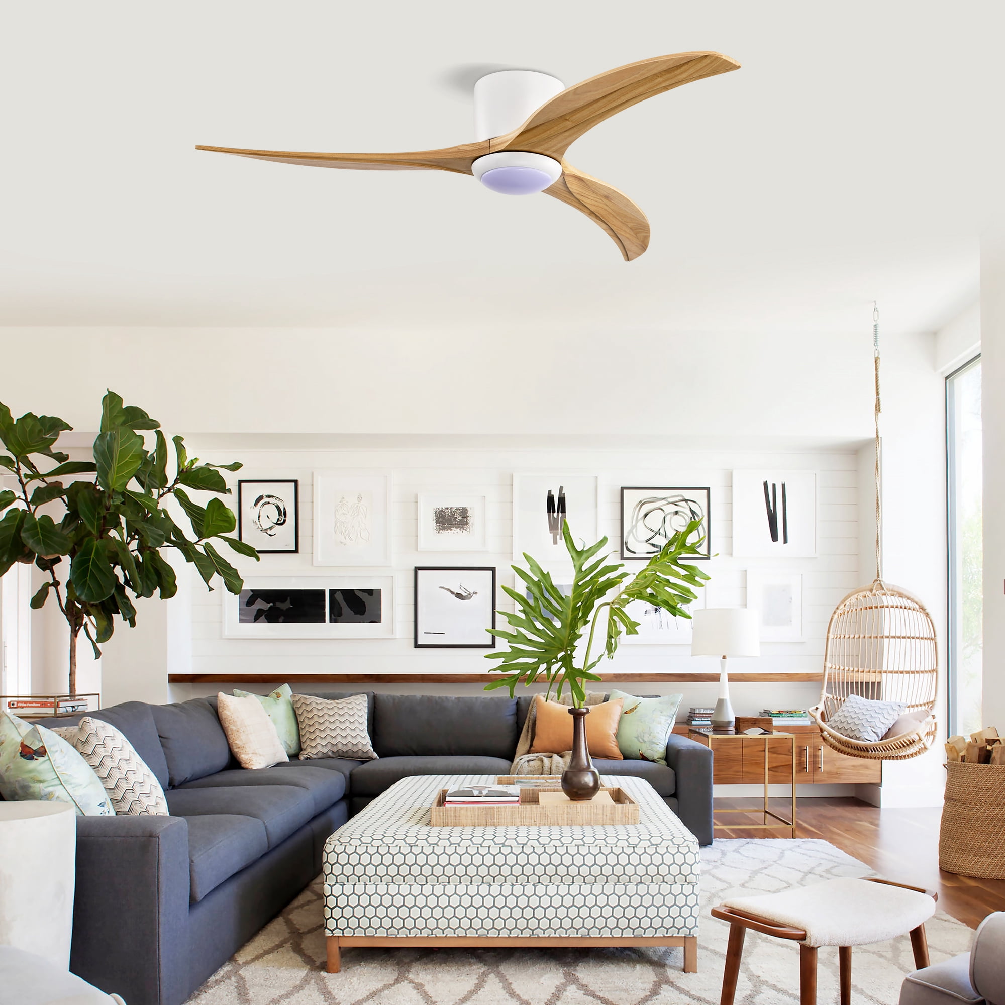 BOFANG Ultra Quiet Bedroom Ceiling Fan, Low Profile with Light & Remote, Modern 52 inch Design,Natural