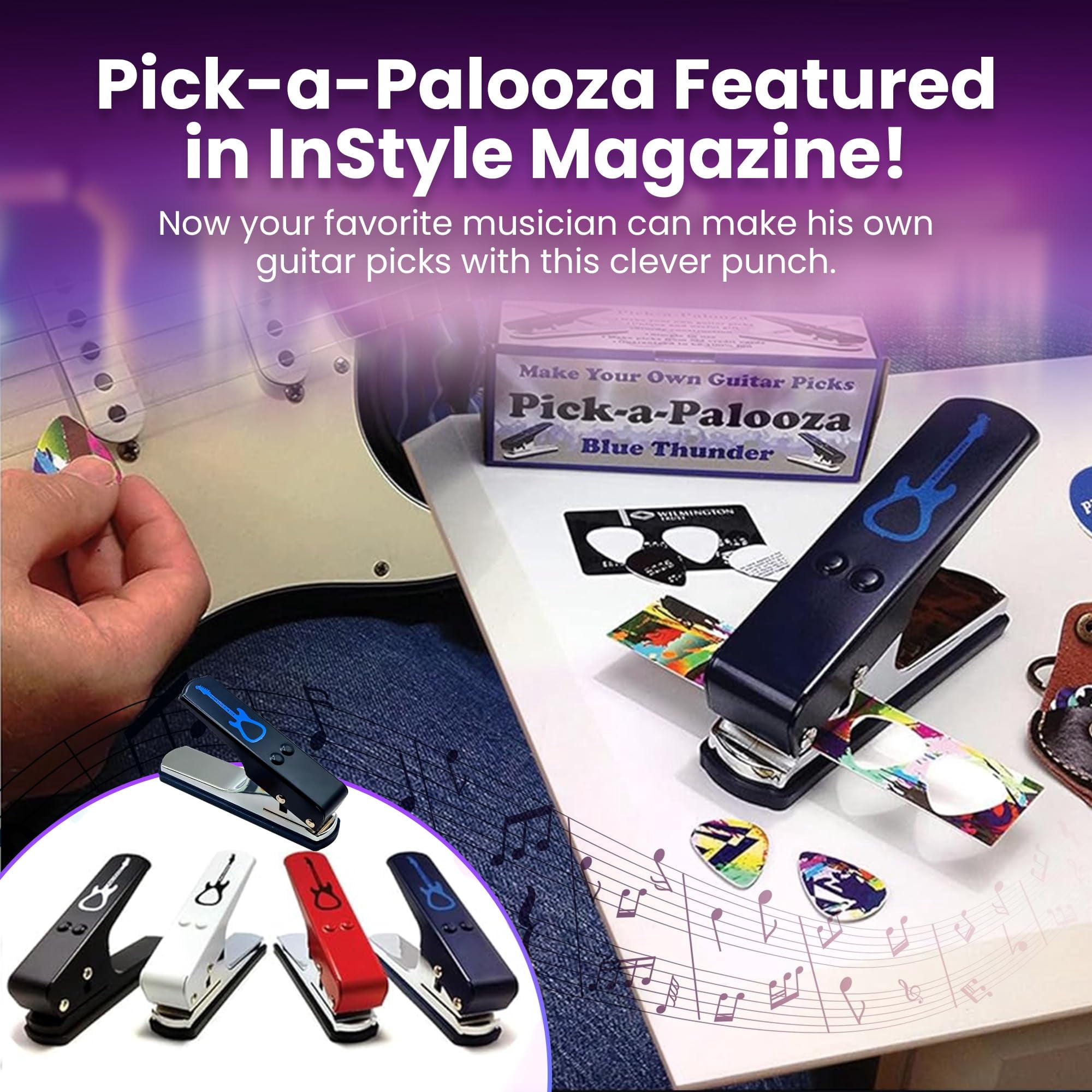 Pick-a-Palooza DIY Guitar Picks Punch Mega Pack - Custom Pick Maker for Musicians - Features Leather Key Chain Holder, Pick Strips with Artwork & File - Unique Gifts for Men & Women - Blue Punch