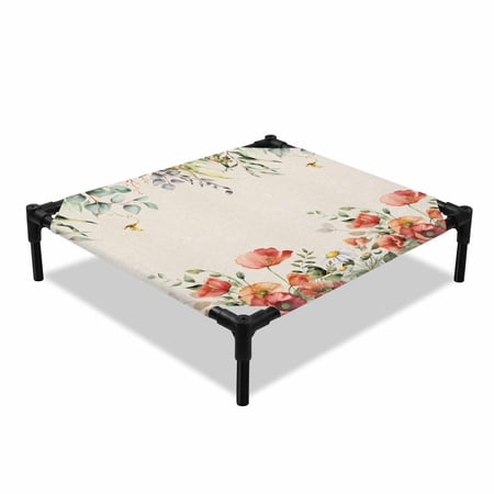 Spring Floral Elevated Dog Bed Red Poppy Flowers Eucalyptus Summer Plant Linen Cooling Breathable Outdoor Raised Dog Cot Bed with Metal Frame Non-Slip Feet for Small Dog 20x20in