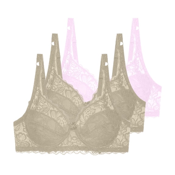 Fatuov Lace Underwire Bras for Women Solid Color Comfort Bra for Office, Push Up Full Coverage Supportive Lightly Lined Bra 3-Pack, 44C, Pink