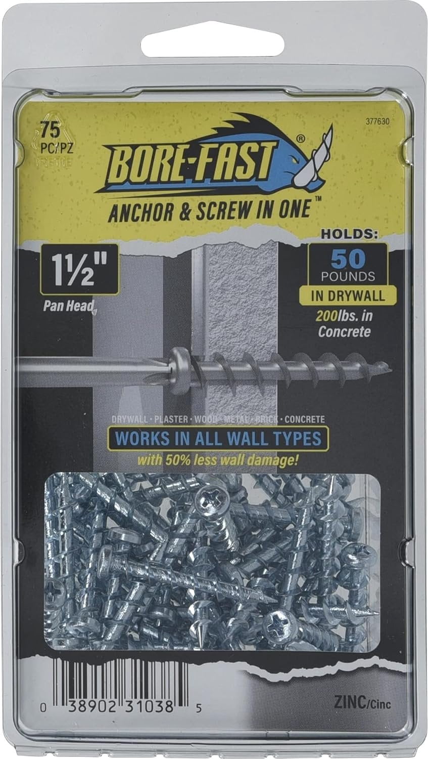 Hillman Borefast Drywall Anchors - Steel, Screw-In, Reusable - 75 Count, Silver