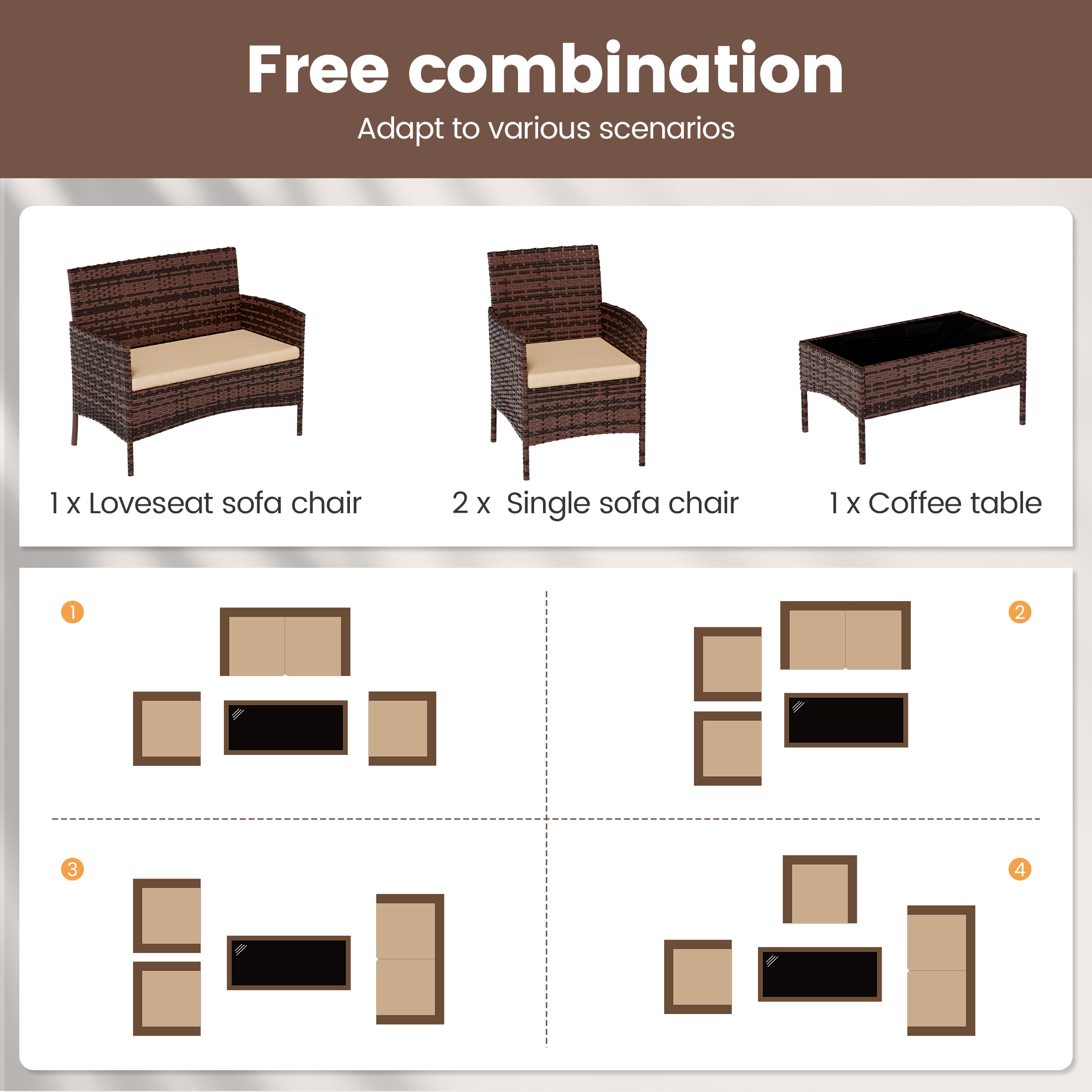 UDPATIO 4 Pieces Outdoor Patio Furniture,Sectional Conversation Sets,Brown PE Rattan Patio Chairs with Table and Loveseat for Balcony, Porch, Backyard,（Khaki Cushion）