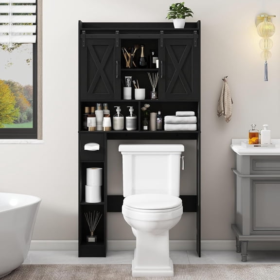 Over The Toilet Storage Cabinet, Farmhouse Storage Cabinet Over Toilet with Sliding Doors & Toilet Paper Holder Stand,Home Space-Saving Toilet Rack, for Bathroom, Laundry and Restroom.Black