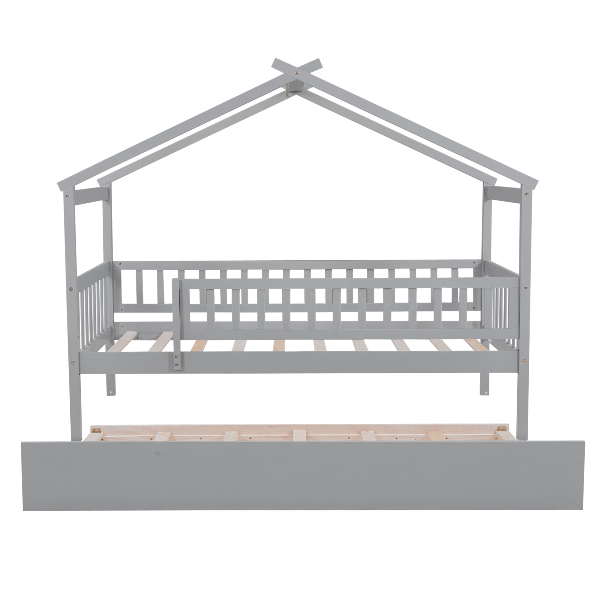 Euroco Twin Size House Bed with Trundle, Canopy Low Profile Bed for Kids, Gray