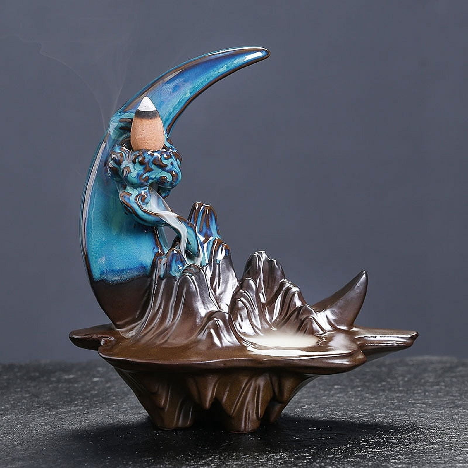 Handcrafted Backflow Incense Burner Smoke Waterfall Ceramic Moon-Shaped Incense Holder Creative Reflux Aroma Incense Holder Home Decor