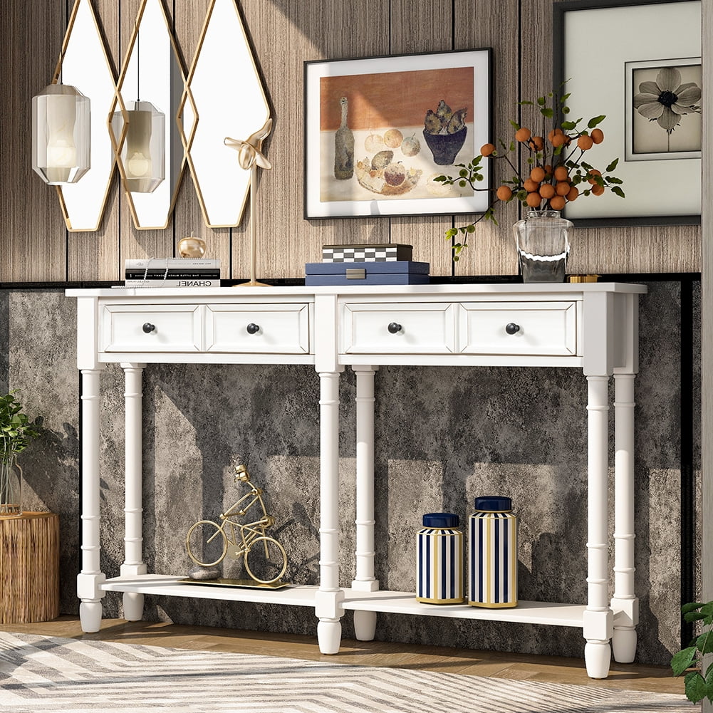 Private Jungle Console Table Sofa Table Easy Assembly with Two Storage Drawers and Bottom Shelf for Living Room, Entryway (Ivory White) Private Jungle Console Table Sofa Table Easy Assembly with Two Storage Drawers and Bottom Shelf for Living Room, Entryway (Ivory White)