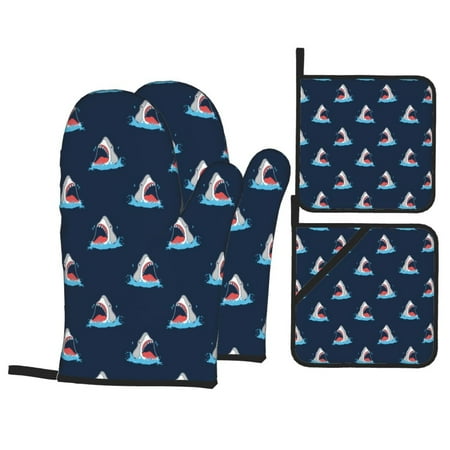 

Oven Mitts and Pot Holders 4 pcs Set Big Mouth Shark Heat Resistant Pot Holders Oven Mitts for kitchen Non-Slip Hanging Loop Oven Glove Potholders for Baking Cooking