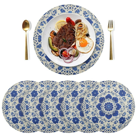 15 Inch Round Grid Plate Mats Heat Non-Slip Resistant PVC Placemats for Kitchen Dining Table Decor Blue and White Batik Pattern 1PCS