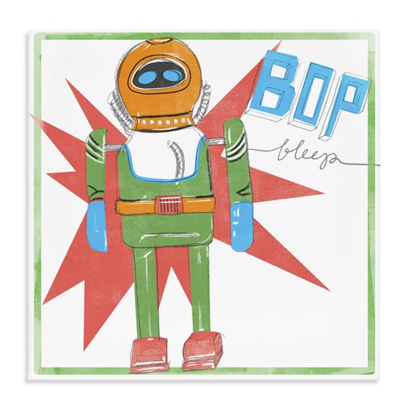 Stupell Industries Bohemian Vintage Robot Toy Bop Bleep Text Retro Pop Canvas Art, 17 x 17, by Jennifer Paxton Parker