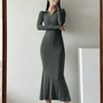 thumbnail image 2 of Fall Dresses for Women Long Sleeve Zip up V Neck Slim Fitted Mermaid Dresses Solid Color Long Dress, 2 of 7