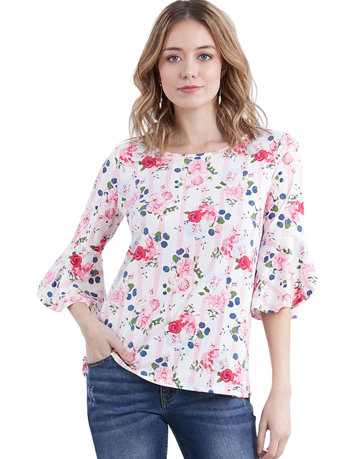 Doublju Women's Ruffle Detail 3/4 Sleeve Peplum T-Shirt with Plus Size ...