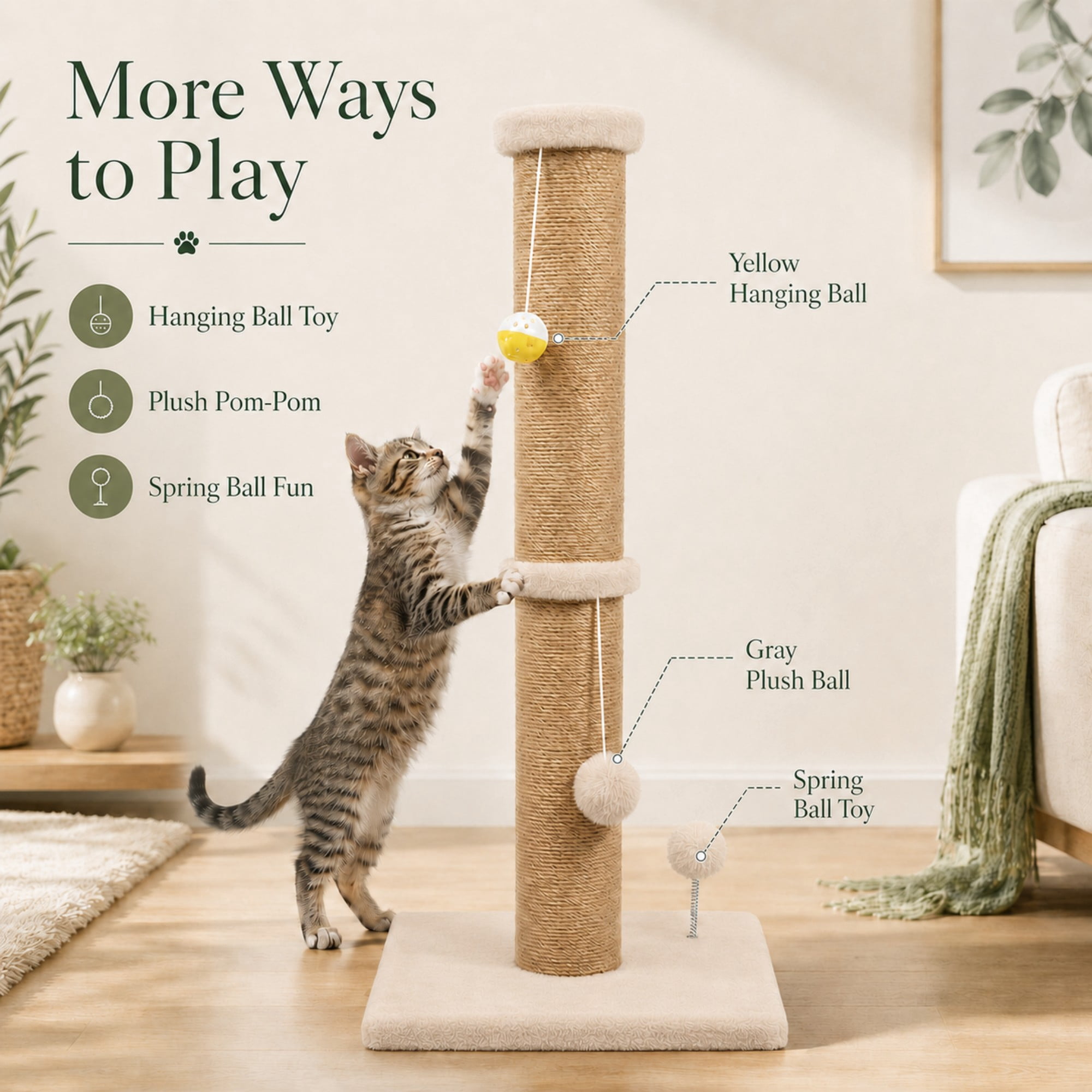 PELUOMOZ Cat Scratching Post, 36 in Beige Sisal Scratch Tower with Stable Base and Interactive Toy
