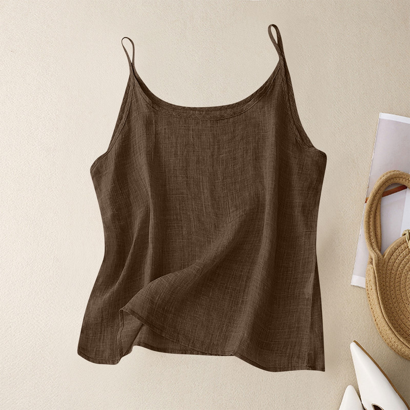 トップス Uhr / Linen Balloon Camisole/ BROWN ZQUUVOU Women's 2025 Cotton Linen Camisole Tops Spaghetti
