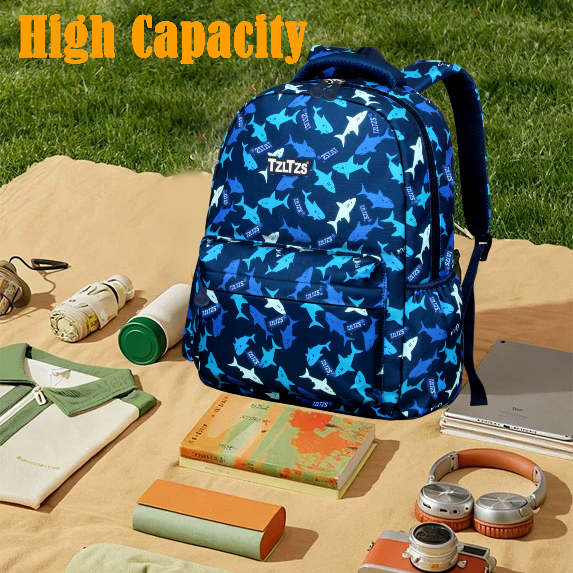 Set de mochila escolar para niños, estampado de tiburón, impermeable, 3 piezas con lonchera y estuche para lápices para estudiantes de primaria 6
