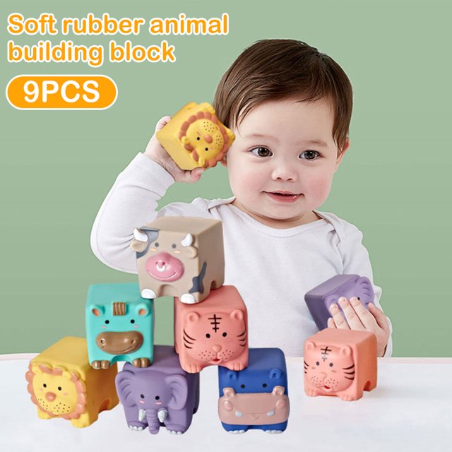 Muyoka Bloques de construcción blandos para niños pequeños Bloques de silicona blanda Juguetes para morder y apretar para bebés Bloques de cubos con animales Pueden masticar Bloques de construcción Ju Muyoka Hogar