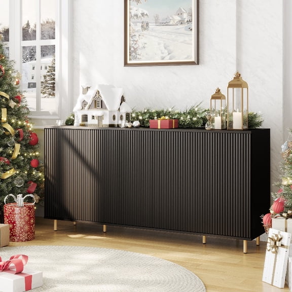 Fluted-Door Modern Sideboard Buffet A 2-Door Storage Cabinet with Adjustable Shelves, Perfect for Kitchen, Dining Room & Living Room, Black