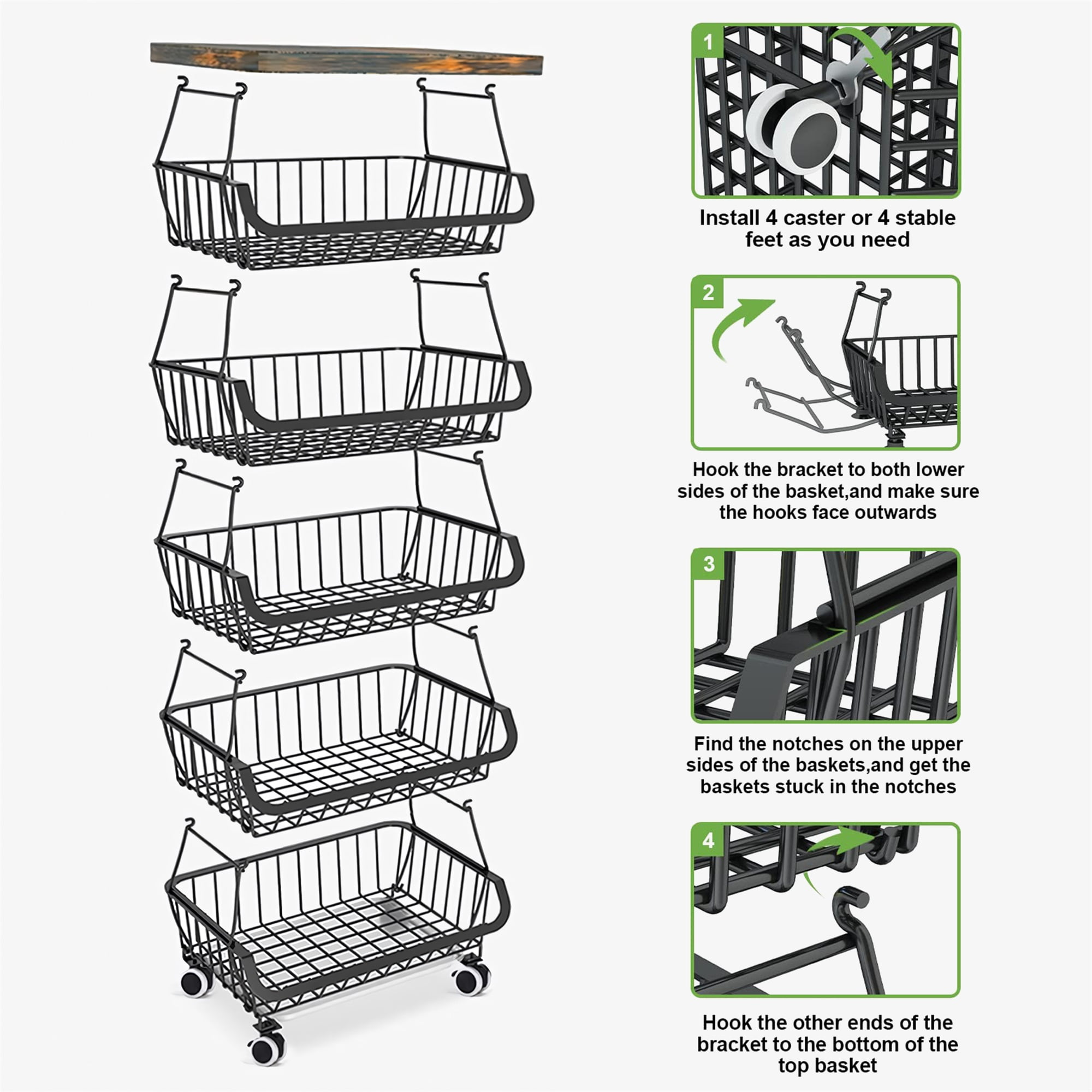 Werseon 4 Tier Fruit Vegetable Storage Basket, Fruit Vegetable Cart with Solid Wood, Kitchen Storage Rack with Rollers for Pantry, Black