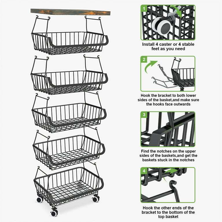 6 Tiers Rolling Metal Stackable Vegetable Fruit Basket Utility Cart Rack Storage Organizer Trolley POPLARBOX