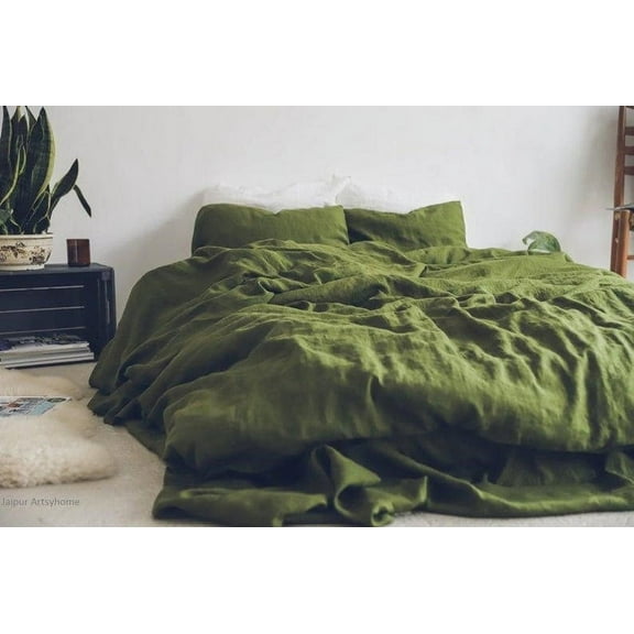 Pavish Export Duvet Cover Set 100% Washed Cotton Linen Feel Comfortable Lightweight 3 Pcs Moss Green Twin