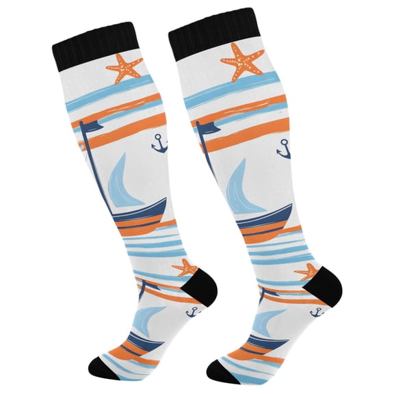 FORMRS Womens Knee High Socks Casual Long Thick Travel Daily Wear, 1 Pair, Blue Nautical Pattern