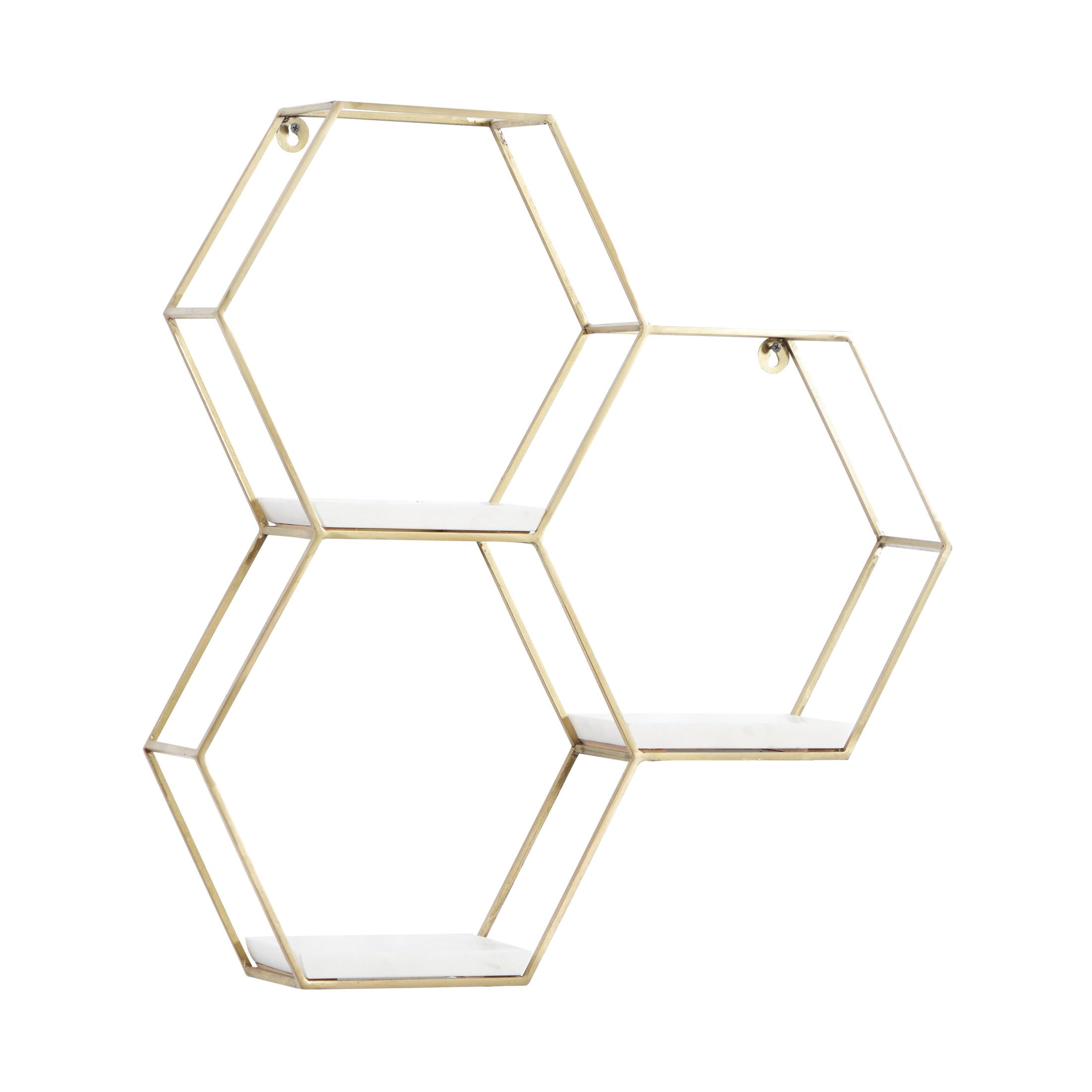DecMode 24" x 6" Hexagon 3-Tier Gold Geometric Wall Shelf with 3 Marble Shelves