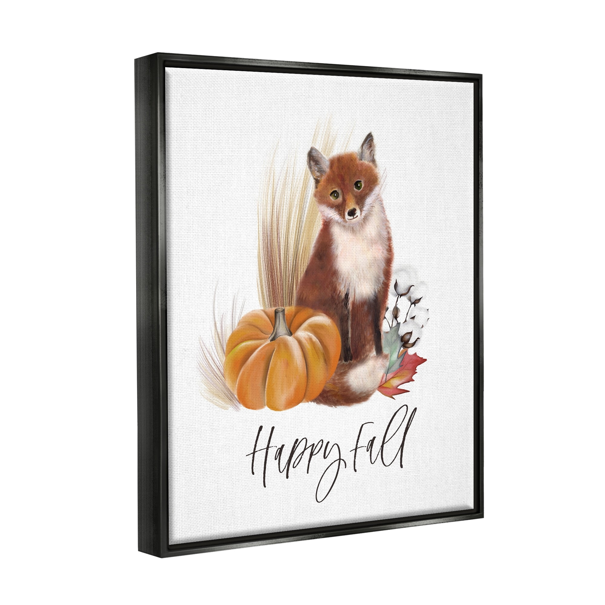 Stupell Industries Happy Fall Scenic Autumn Fox Pumpkin Botanicals Graphic Art Jet Black Floating Framed Canvas Print Wall Art, Design by Studio Q