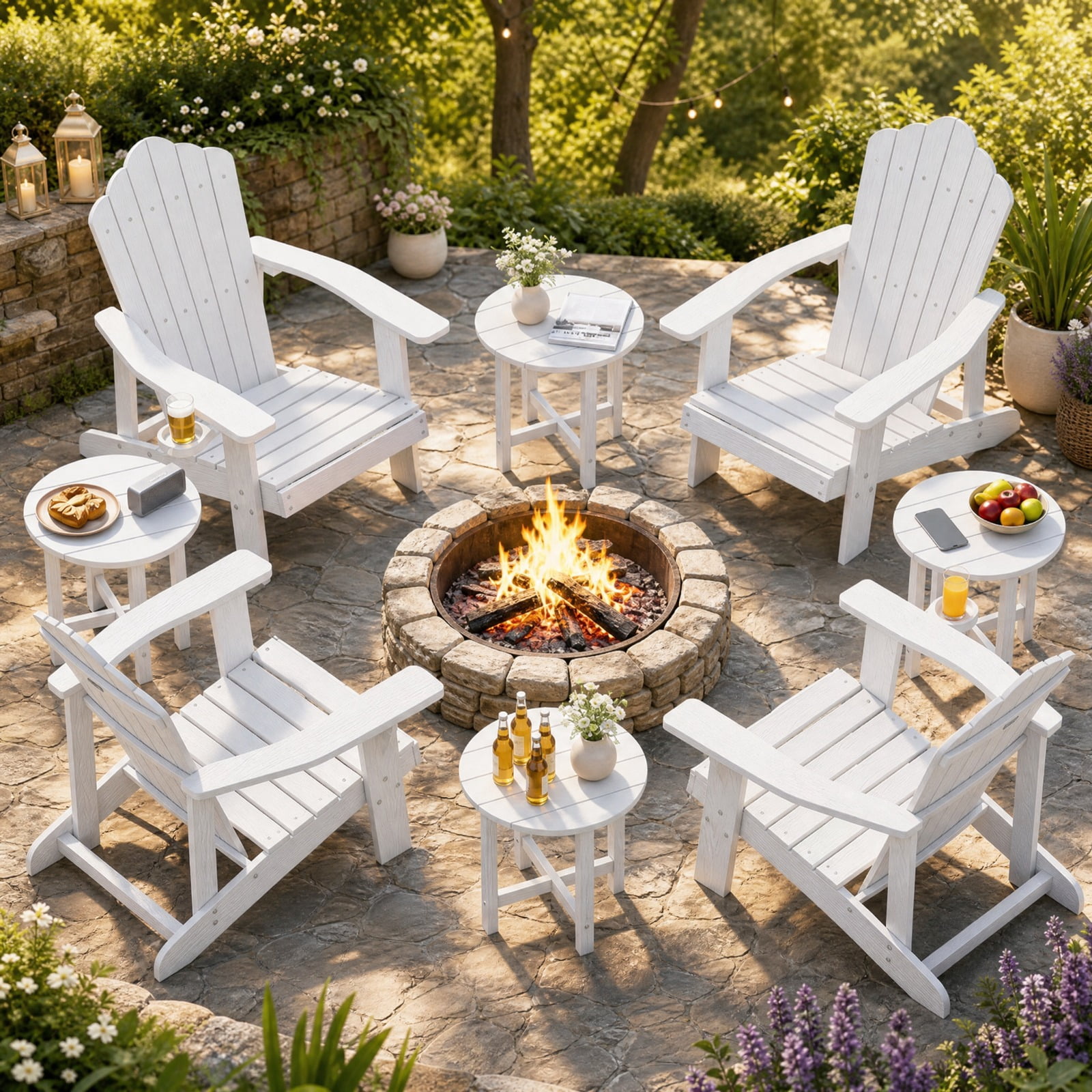 Biotree 18 Inch Adirondack Side Table Outdoor, All-Weather HIPS End Table with Wood-Grain Slatted Top and X-Base for Deck Porch Poolside, White