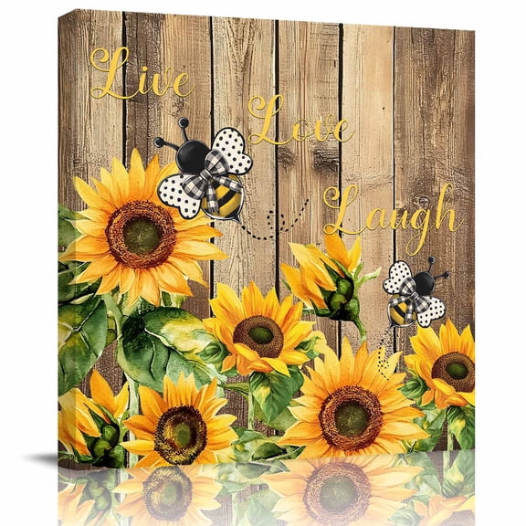Framed Canvas Wall Art for Living Room Bee Sunflower Wall Decor, Rustic Farm Wood Grain Aesthetic Paintings for Bedroom Office Kitchen Bathroom, Ready to Hang Artwork Wall Pictures 8x8 Inch