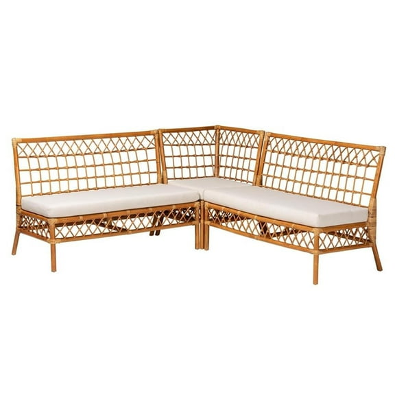 Pemberly Row Modern Honey Rattan 3-Piece Dining Nook Banquette Set
