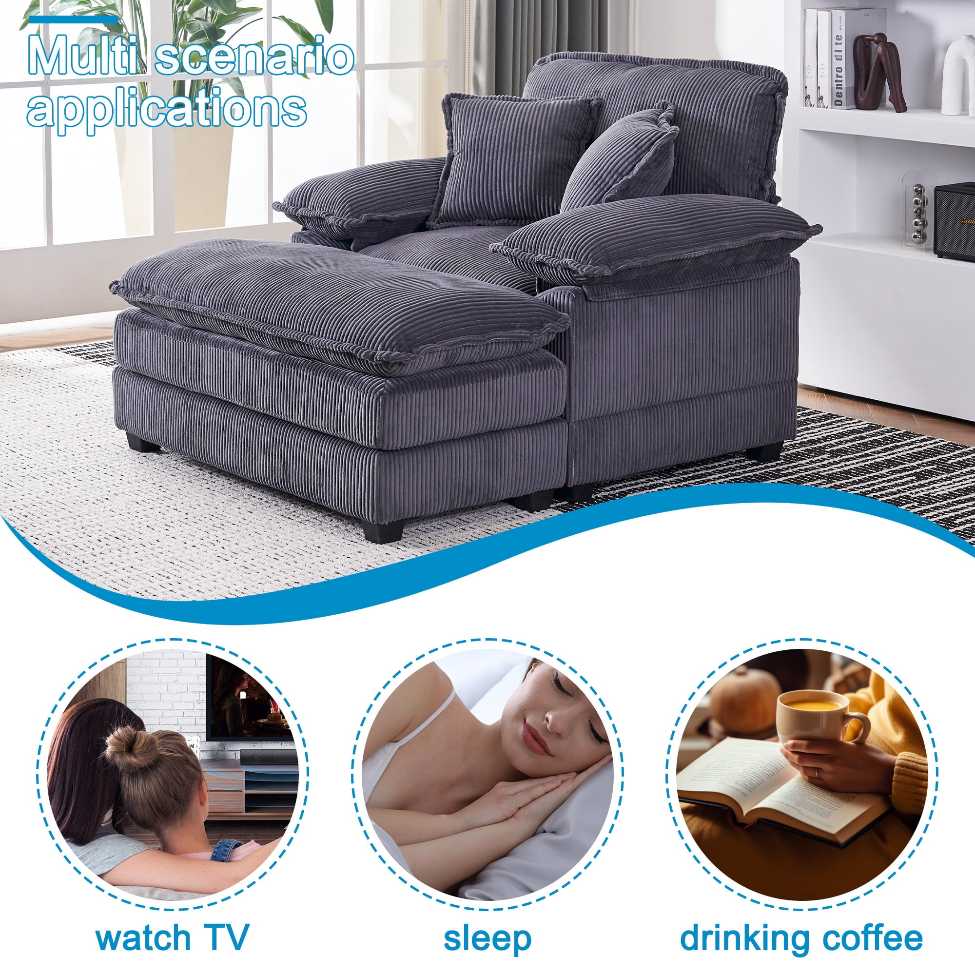 Aukfa Corduroy Modular Couch Deep Seat Sofa and Ottoman, Dual-layer Seat Cushion, 5Pillows, Gray
