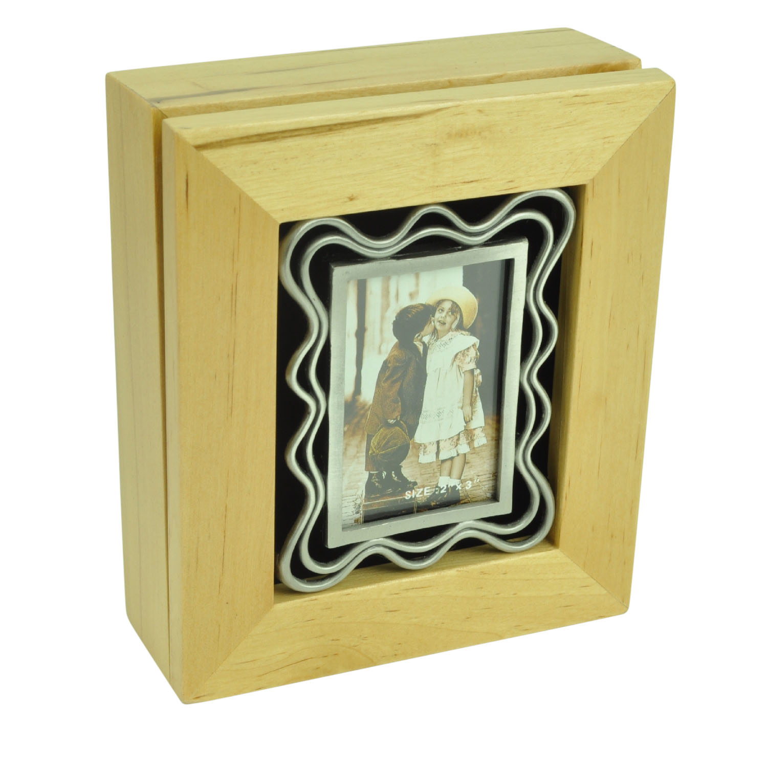 Photo Frame Holder Wavy Ribbons Natural Wood Box Hinged Cover Cast