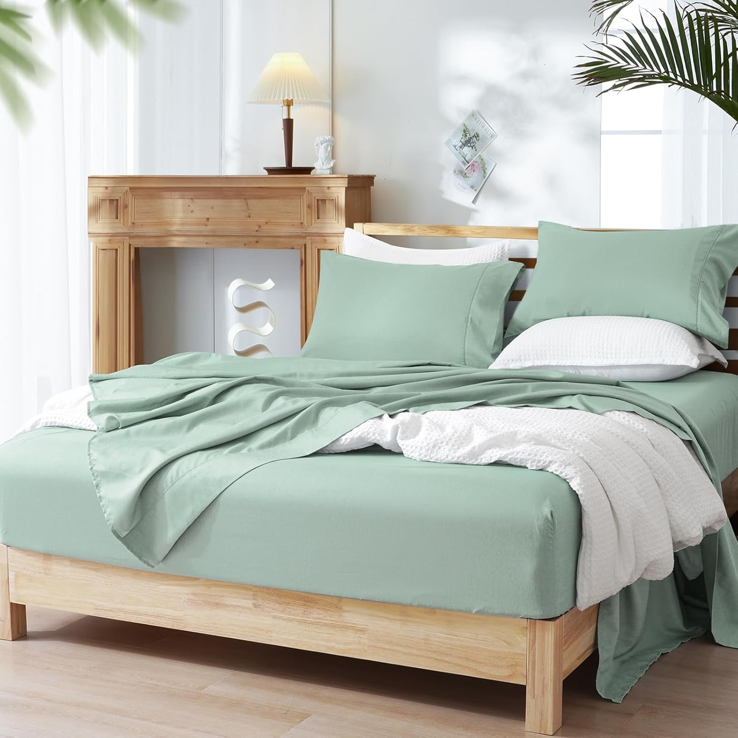 PHF Bamboo Bed Sheet Sets, 4 Pieces King Silky Soft Bedding Sheets, 1800 Thread Count 16 Inch Deep Pockets, Sage Green