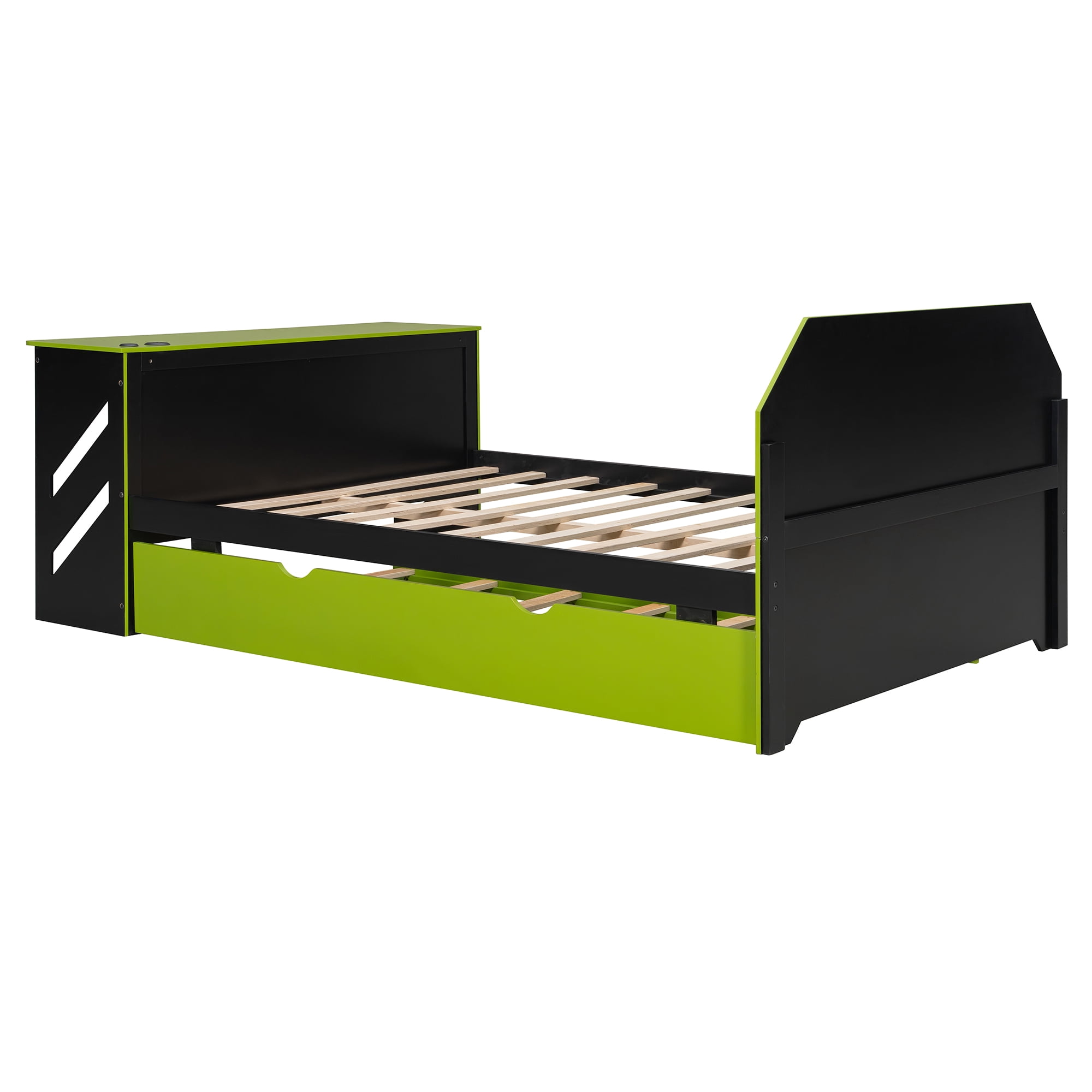 Mintazer Full Size Gaming Daybed with Pull-Out Twin Size Trundle & Desk, Platform Bed Frame with USB for Bedroom Dorm, Black & Green