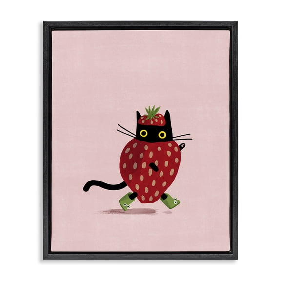 Stupell Industries Strawberry Cat on Pink Animals Painting Black Floater Framed Canvas Art Print Wall Art, 17 x 21