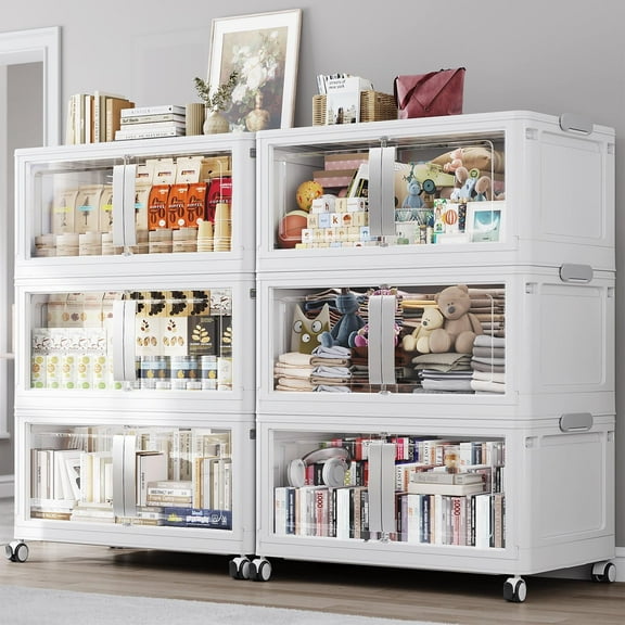 Broview 240Gal Extra Large Stackable Storage Bins, 960Qt Collapsible Plastic Storage Box with Clear Doors, Foldable Containers With Drawers, Magnetic Closure, 360° Swivel Wheels, White, 6Pack V70