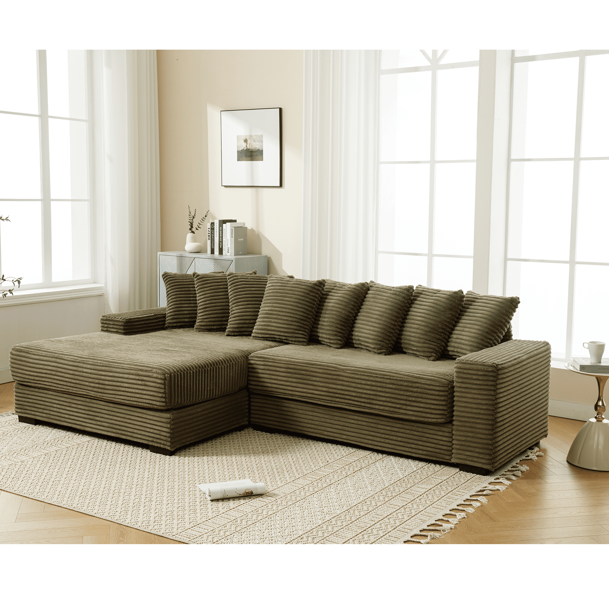 AISWORD 111" Oversized 3-Seat L-Shaped Sectional Sofa with Right Chaise, Luxury Corduroy Fabric Modular Couch with 8 Throw Pillows, Easy Assembly for Living Room