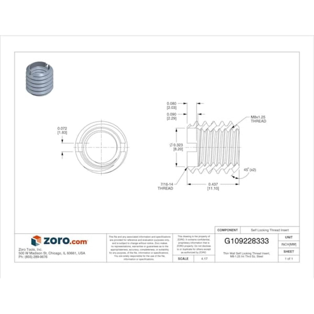 Thin Wall Self Locking Thread Insert, M8-1.25 Int Thrd Sz, Steel EZ-310-M8